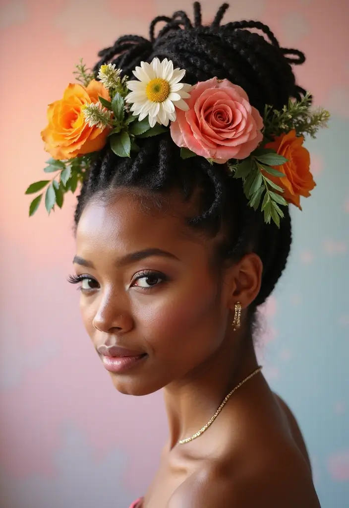 24 Beautiful Hairstyles Over Locs to Flaunt Your Style - 1. Elegant Updo with Flowers