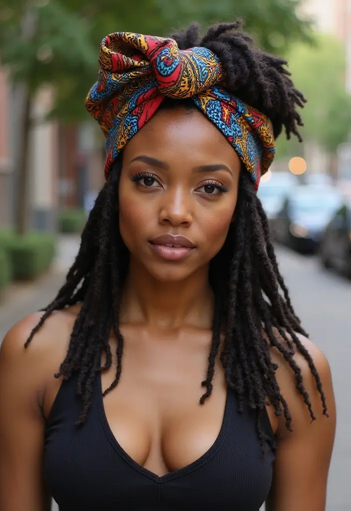 24 Beautiful Hairstyles Over Locs to Flaunt Your Style - 13. Locs Styled with a Scarf