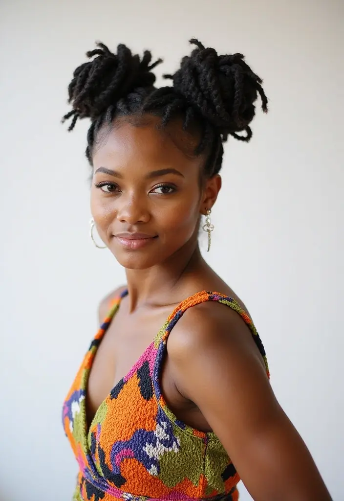 24 Beautiful Hairstyles Over Locs to Flaunt Your Style - 20. Elevated Space Buns