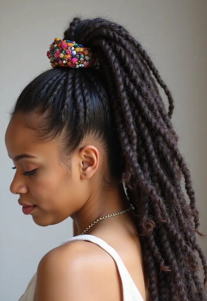 24 Beautiful Hairstyles Over Locs to Flaunt Your Style - 3. Twisted Loc Ponytail
