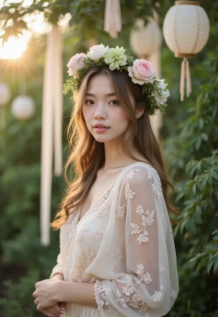 24 Effortless Bohemian Hairstyles Down for Festivals - 3. Half-Up Flower Crown