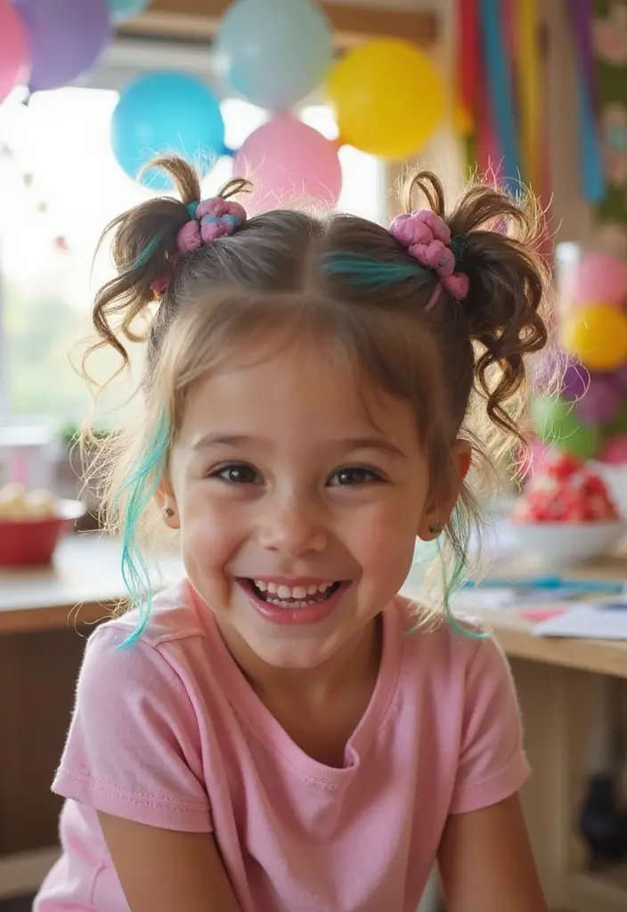 24 Hairstyles for Thin Hair for Kids That Are Fun - 10. Colorful Hair Chalk and Simple Updo