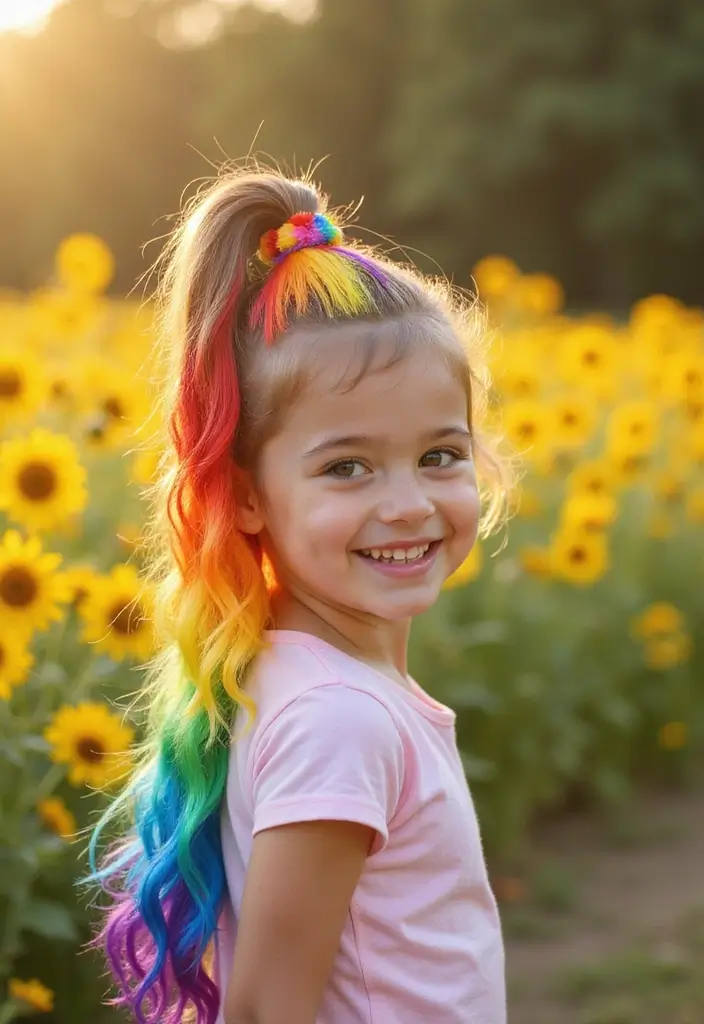 24 Hairstyles for Thin Hair for Kids That Are Fun - 12. Rainbow Ponytail