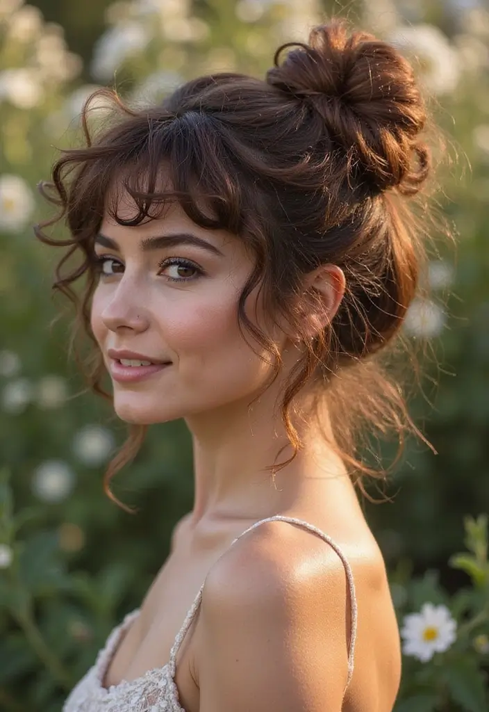 24 Low Maintenance Short Haircuts for Wavy Hair - 21. Curly Messy Bun
