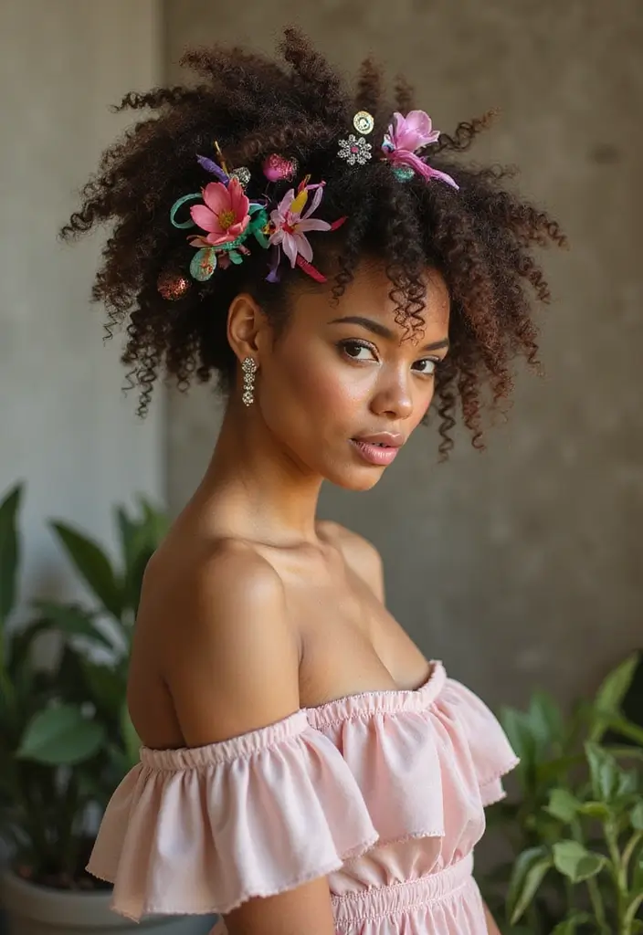 26 Haircut Round Face Styles to Flatter Your Features - 22. Curly Roost with Hair Accessories