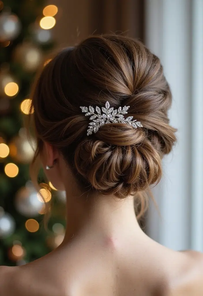 26 Hairstyles for Christmas Party That Stand Out - 12. Elegant Twisted Updo with an Accessory
