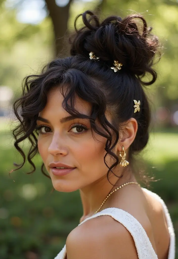 26 Popular Hairstyles Short That Make a Statement - 18. Curly Top Knot
