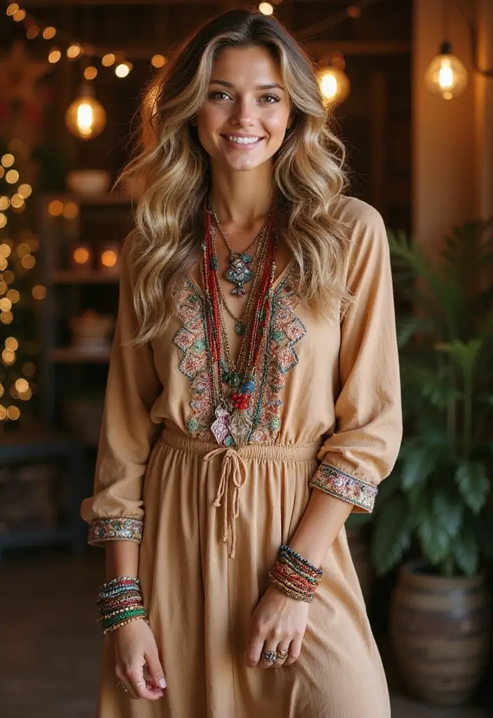 27 Christmas Hairstyles for Medium Hair That Are Festive - 17. Bohemian Loose Waves with Festive Accessories