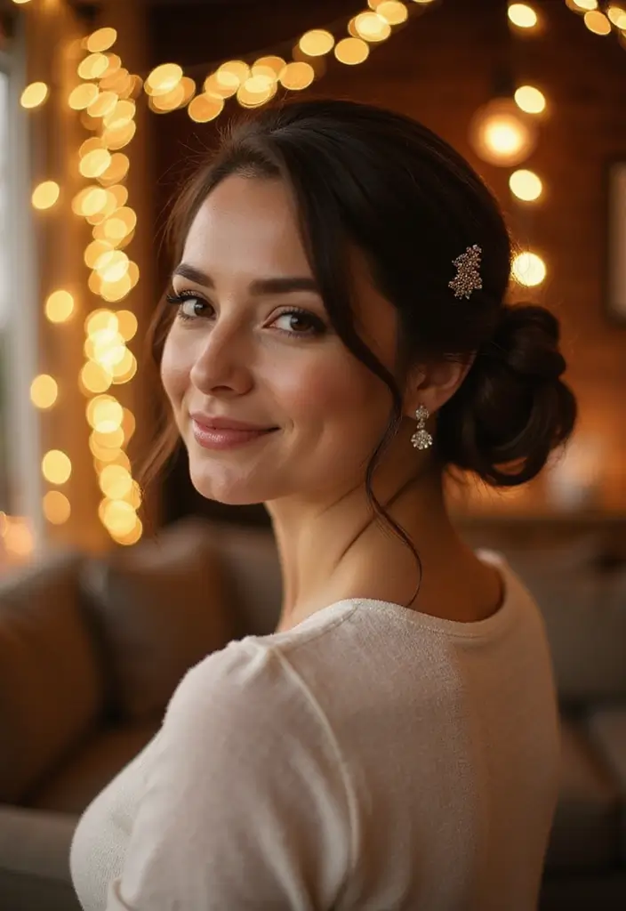 27 Christmas Hairstyles for Medium Hair That Are Festive - 18. Low Side Bun with Glitter Pins