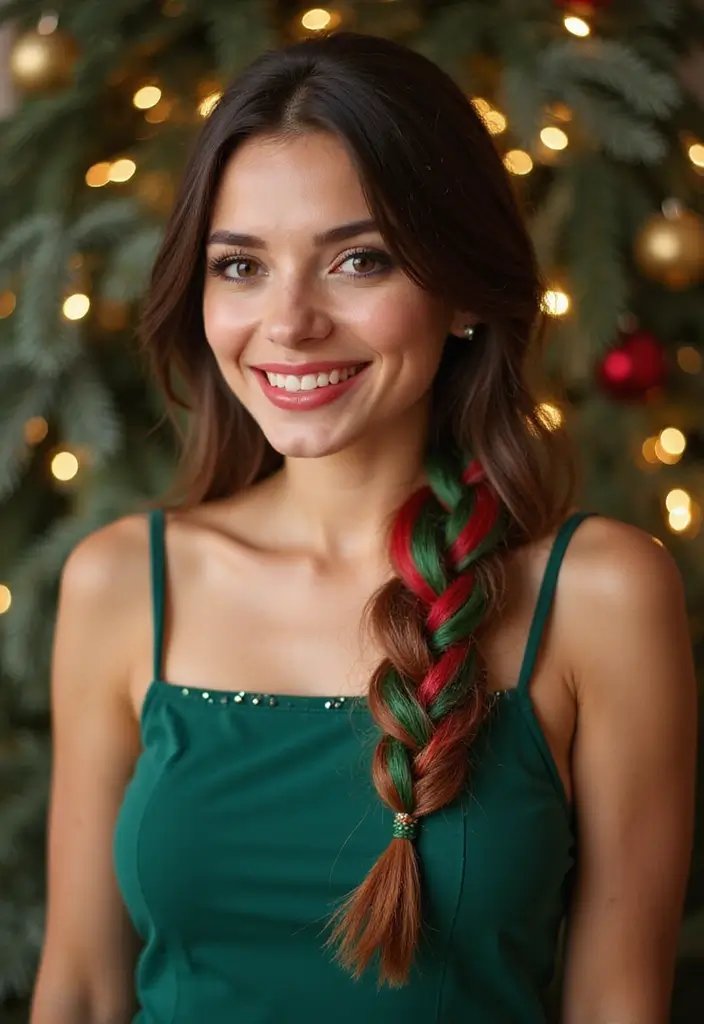 27 Christmas Hairstyles for Medium Hair That Are Festive - 19. Textured Side Braid with Festive Colors