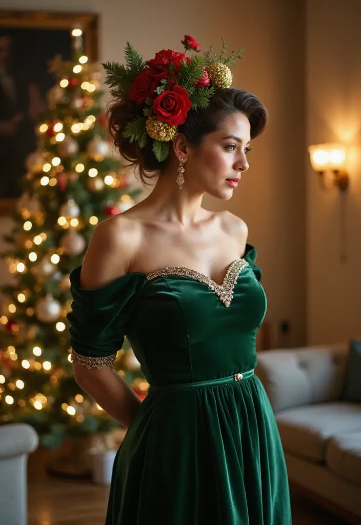 27 Christmas Hairstyles for Medium Hair That Are Festive - 20. Twisted Updo with Holiday Flowers
