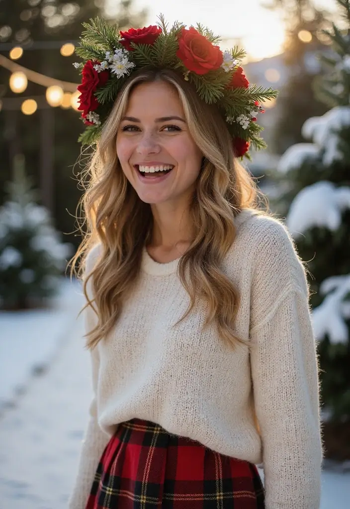 27 Christmas Hairstyles for Medium Hair That Are Festive - 23. Holiday-Themed Floral Crown