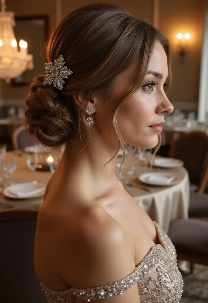 27 Christmas Hairstyles for Medium Hair That Are Festive - 24. Elegant Side Chignon with Sparkly Accessory