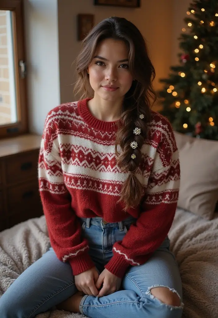 27 Christmas Hairstyles for Medium Hair That Are Festive - 25. Messy Braid with Holiday Charm