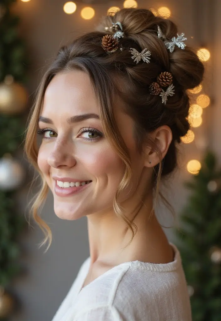 27 Christmas Hairstyles for Medium Hair That Are Festive - 26. Braided Bun with Seasonal Accents