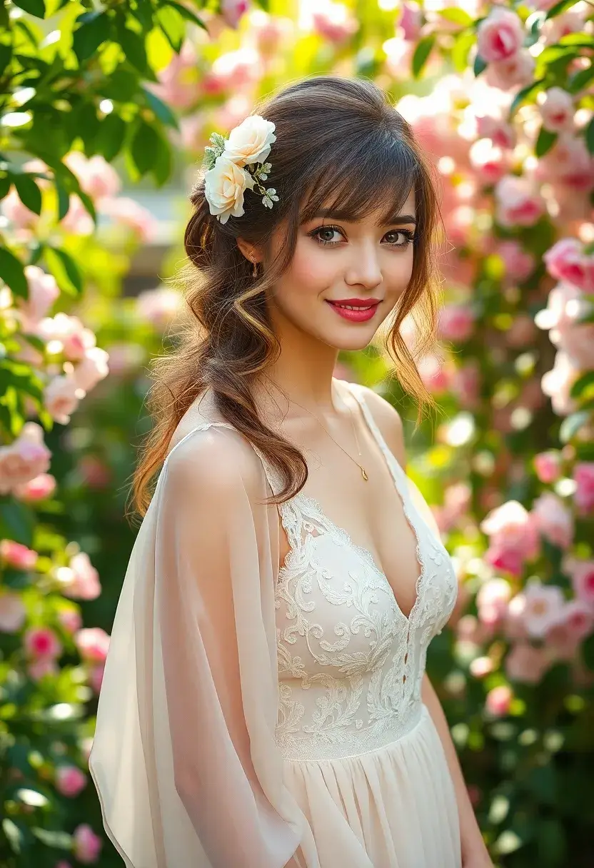 27 Hair Styles with Bangs That Frame Perfectly - 17. Romantic Half-Up with Bangs