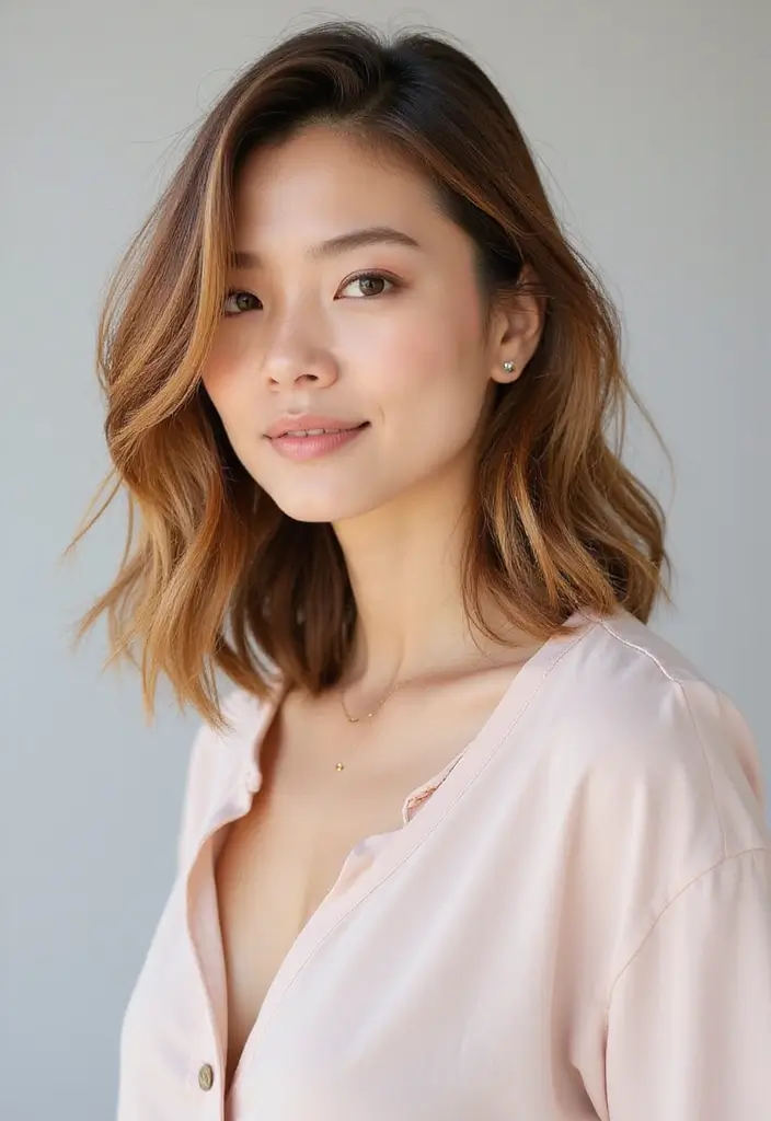 27 Hairstyles for Thin Hair Round Face That Flatter - 23. Wavy Lob with Highlights