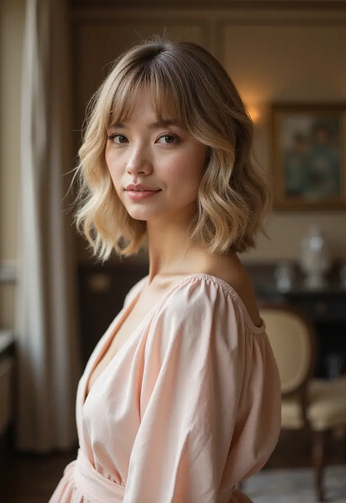 27 Medium Length Haircuts with Layers and Bangs That Flatter - 14. Layered Crown with Face-Framing Bangs