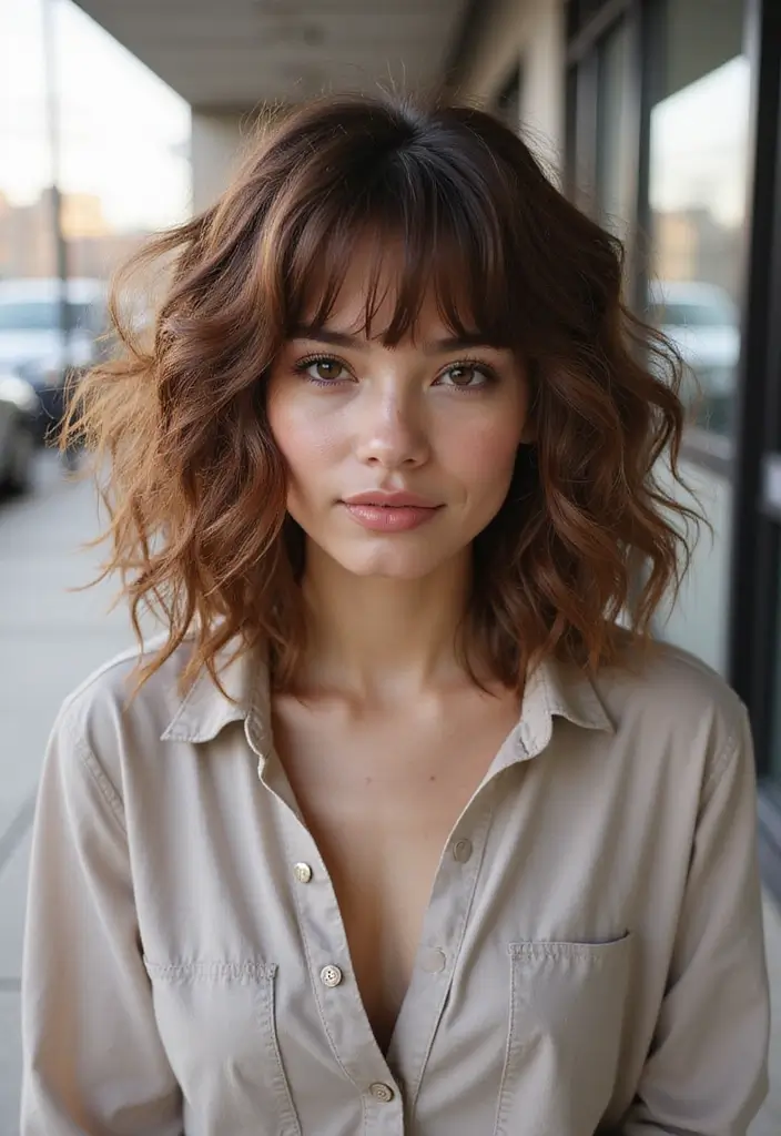 27 Medium Length Haircuts with Layers and Bangs That Flatter - 15. Curly Lob with Choppy Bangs