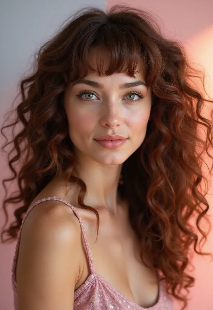 27 Medium Length Haircuts with Layers and Bangs That Flatter - 16. Layered Ringlets with Blunt Fringe
