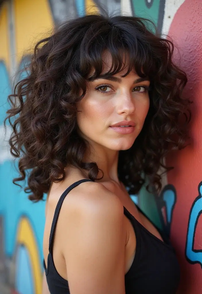 27 Medium Length Haircuts with Layers and Bangs That Flatter - 19. Curly Shag with Layered Bangs