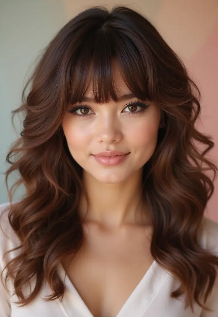 27 Medium Length Haircuts with Layers and Bangs That Flatter - 20. Layered Curls with Inverted Bangs