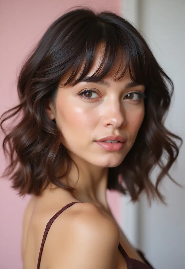 27 Medium Length Haircuts with Layers and Bangs That Flatter - 21. Defined Layers with Wispy Bangs
