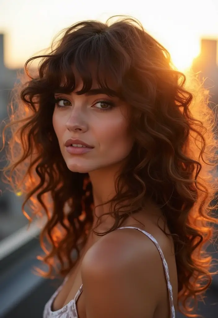 27 Medium Length Haircuts with Layers and Bangs That Flatter - 26. Curly Layers with Full Bangs