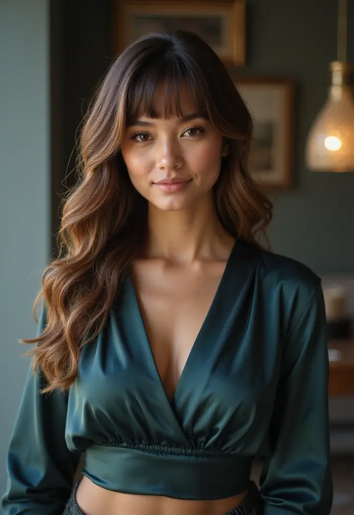 27 Medium Length Haircuts with Layers and Bangs That Flatter - 7. V-Cut Layers with Long Bangs