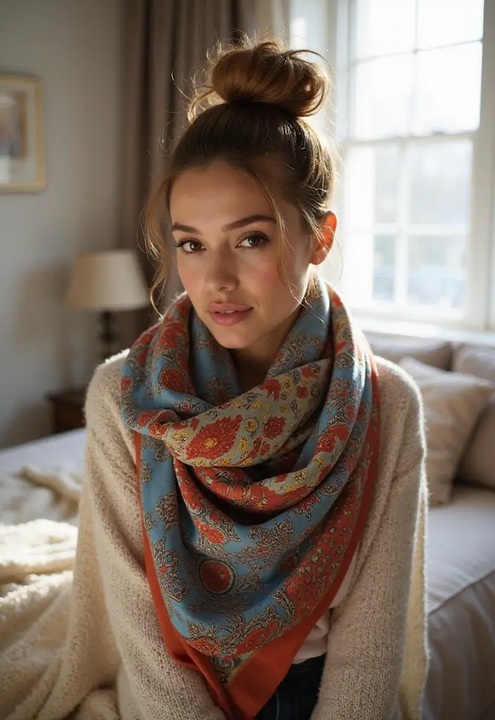 28 Easy Hairstyles to Sleep In Without Messing Up Your Hair - 14. Messy Bun with a Scarf