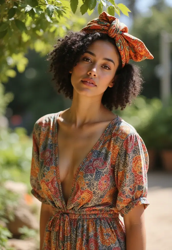 28 Effortless Boho Hairstyles for Medium Length Hair Easy to Style - 16. Natural Texture with Headscarf