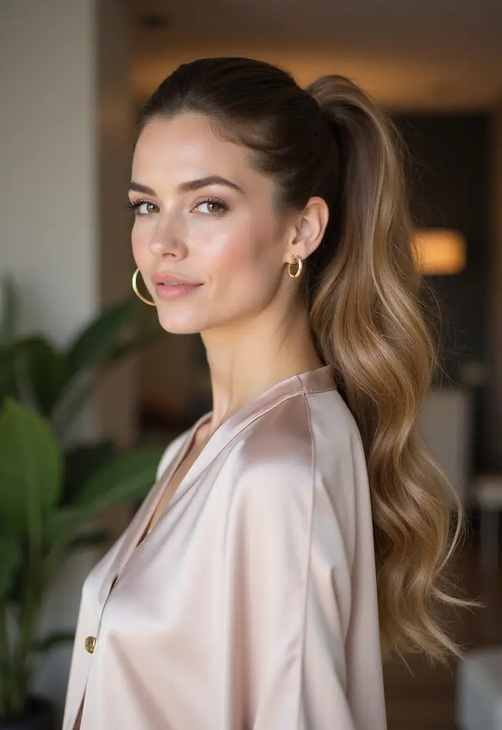 28 Medium Length Ponytail Hairstyles That Are Chic - 4. Half-Up Half-Down Ponytail