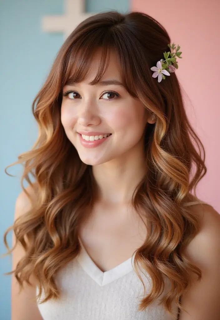 29 Hairstyles with Bangs That Frame Your Face Perfectly - 17. Half-Up, Half-Down with Bangs