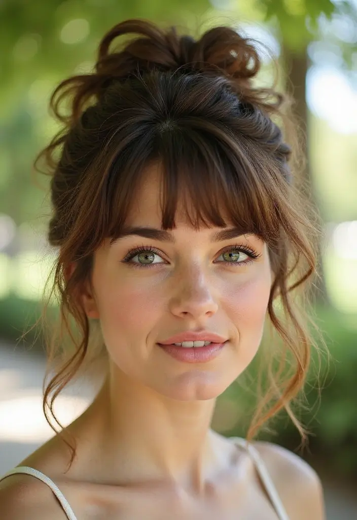29 Hairstyles with Bangs That Frame Your Face Perfectly - 19. Messy Curly Updo with Bangs