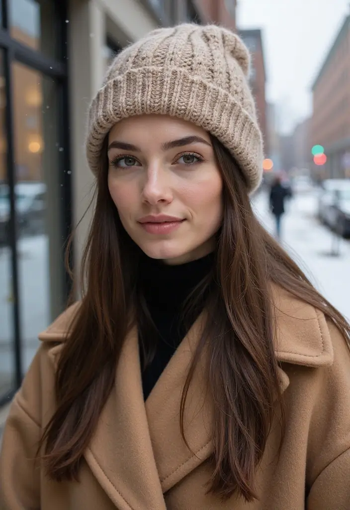 29 Winter Hairstyles for Short Hair That Keep You Warm - 11. Straightened Hair with a Cozy Beanie