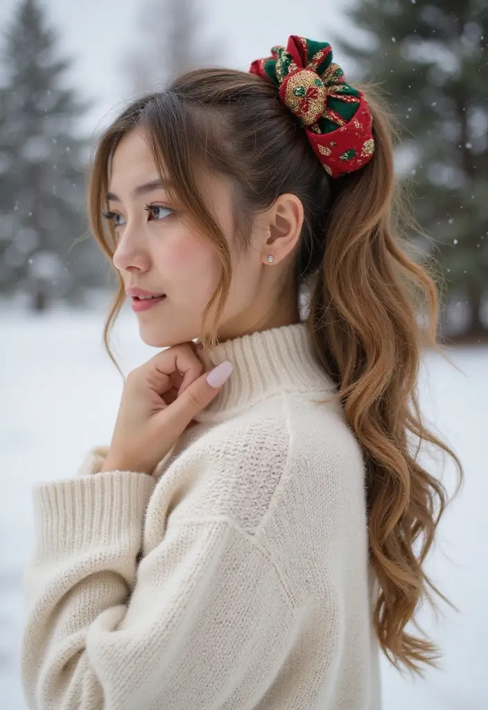 29 Winter Hairstyles for Short Hair That Keep You Warm - 15. Simple Ponytail with a Festive Scrunchie