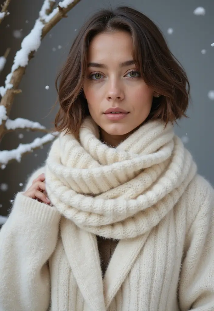 29 Winter Hairstyles for Short Hair That Keep You Warm - 16. Tucked Under Bob with a Knit Scarf