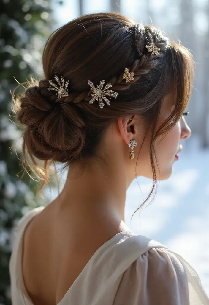 29 Winter Hairstyles for Short Hair That Keep You Warm - 17. Twisted Low Bun with Decorative Pins