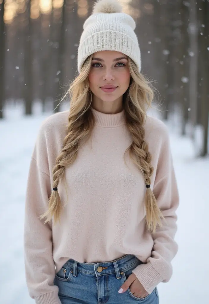 29 Winter Hairstyles for Short Hair That Keep You Warm - 18. Soft Side Braid with a Cozy Beanie