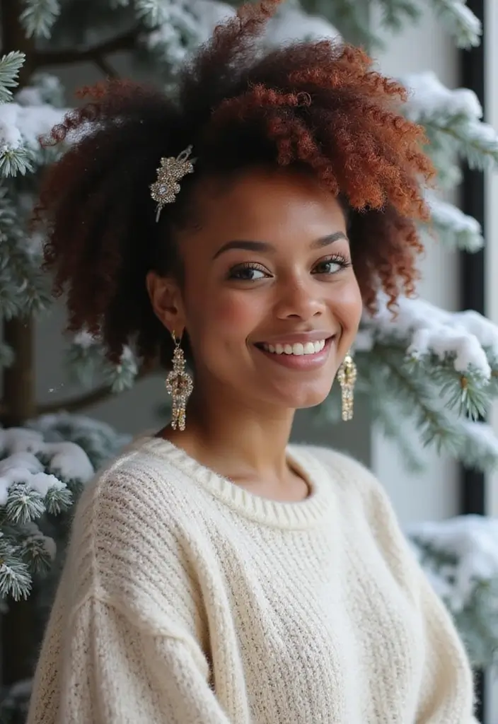 29 Winter Hairstyles for Short Hair That Keep You Warm - 20. Afros with Festive Clips