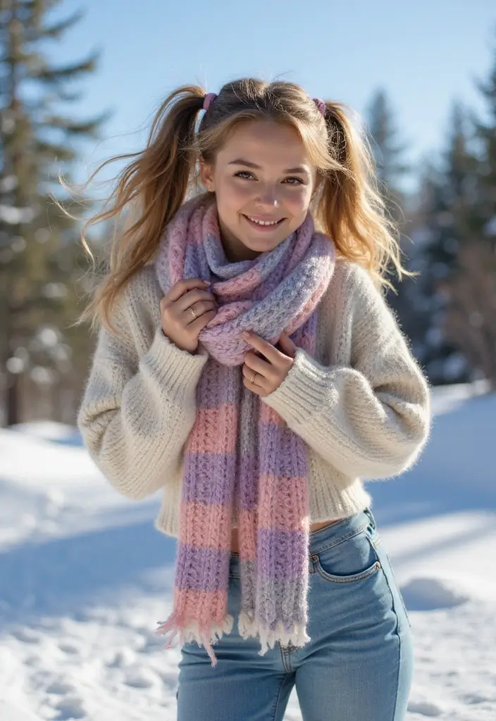 29 Winter Hairstyles for Short Hair That Keep You Warm - 22. Fun Pigtails with Winter Scarves