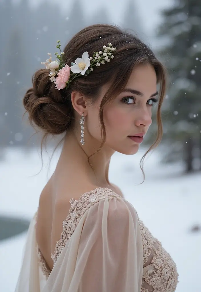 29 Winter Hairstyles for Short Hair That Keep You Warm - 24. Romantic Twist with Floral Accents