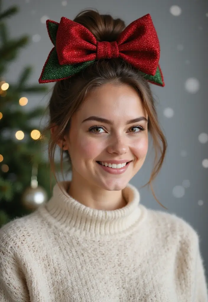 29 Winter Hairstyles for Short Hair That Keep You Warm - 26. Playful Top Knot with Festive Bow