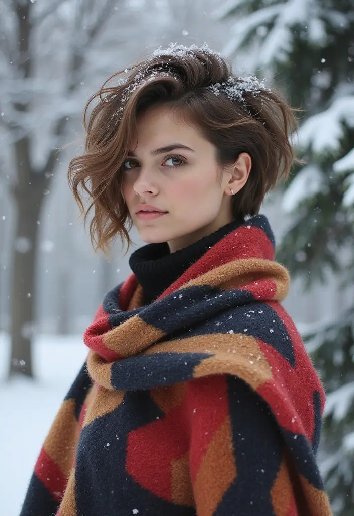 29 Winter Hairstyles for Short Hair That Keep You Warm - 29. Daring Layered Cut with an Asymmetric Scarf