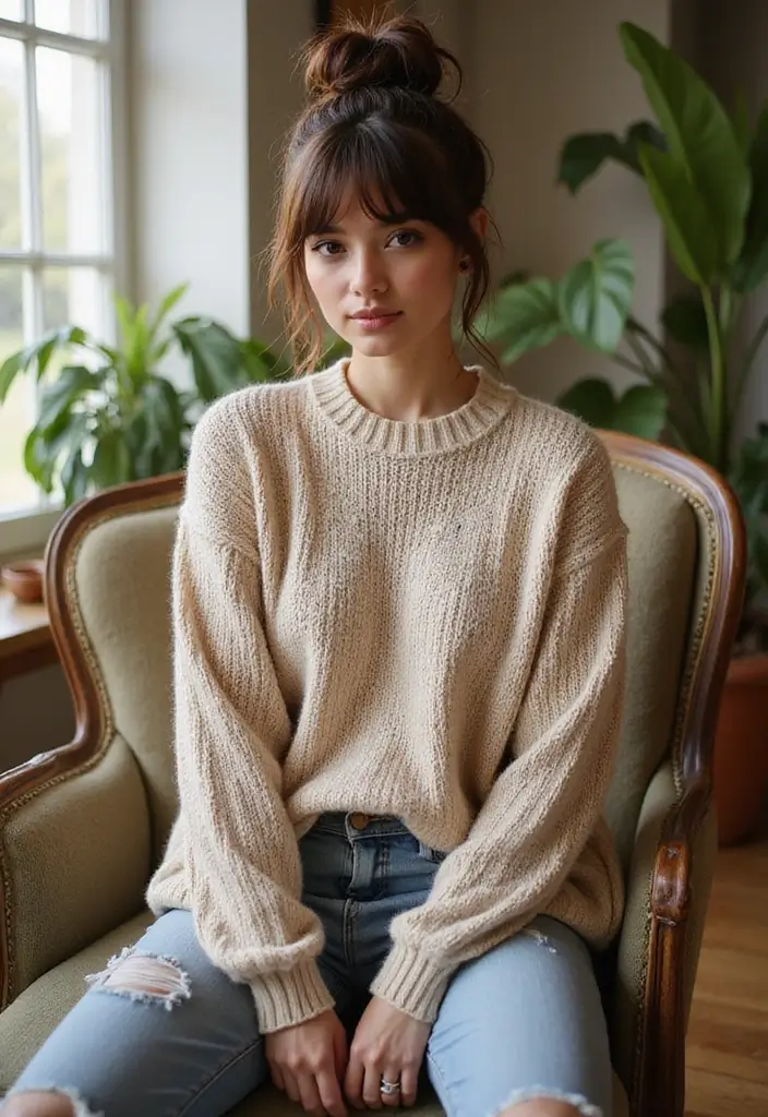 29 Wolf Cut with Curtain Bangs for a Bold Look - 8. Messy Bun Magic