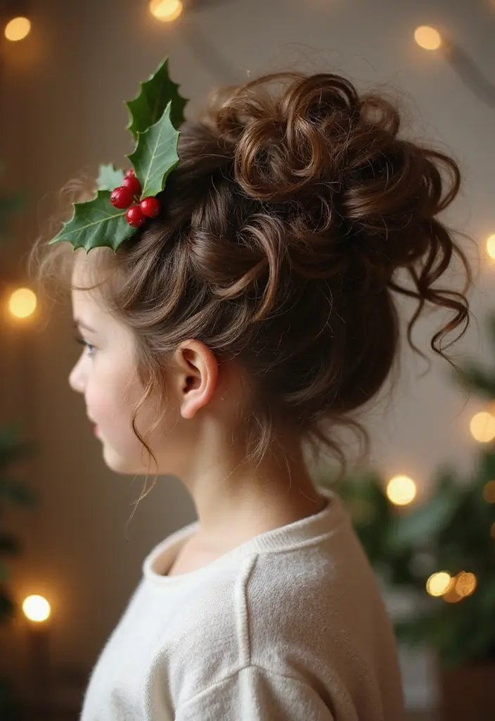 30 Curly Hair Christmas Hairstyles to Celebrate in Style - 14. Curly Updo with Holly