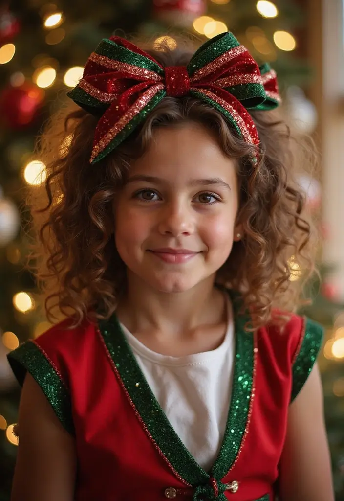 30 Curly Hair Christmas Hairstyles to Celebrate in Style - 15. Curly Hair with a Christmas Bow