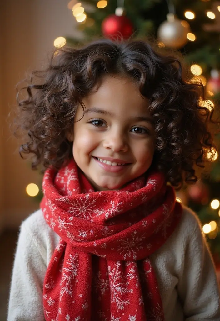 30 Curly Hair Christmas Hairstyles to Celebrate in Style - 20. Classic Curly Hair with a Holiday Scarf
