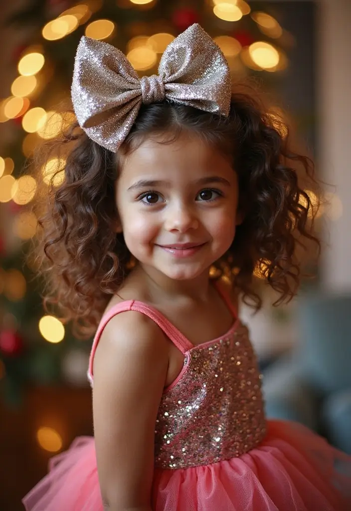 30 Curly Hair Christmas Hairstyles to Celebrate in Style - 22. Curly Hair with a Shimmery Bow