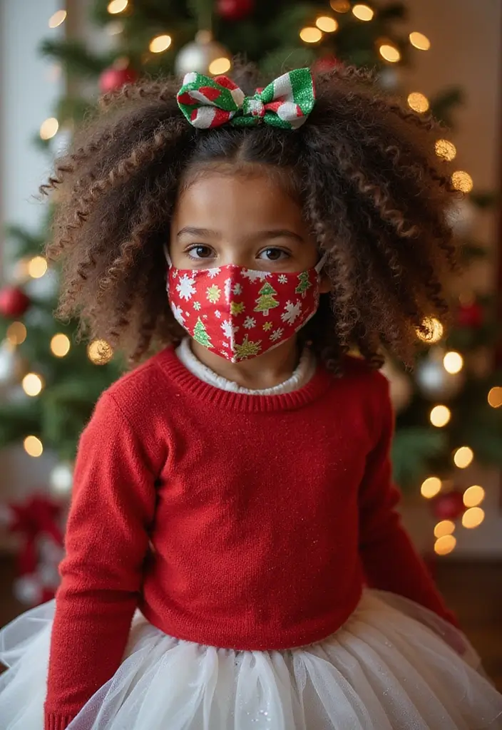 30 Curly Hair Christmas Hairstyles to Celebrate in Style - 29. Curly Hair with Festive Face Masks